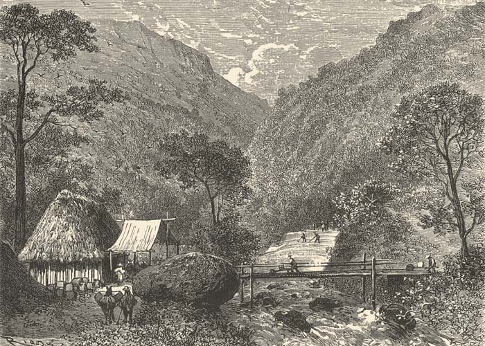 Salina de Upín: el puente, 1869. Grabado de E. Riou. Edouard André, América pintoresca. 1869.